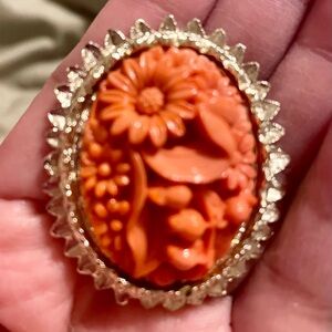 Intricate Floral Carved Coral Cabochon Brooch - Orange